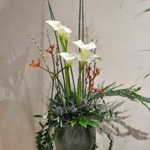 Composition en hauteur avec des Arums_