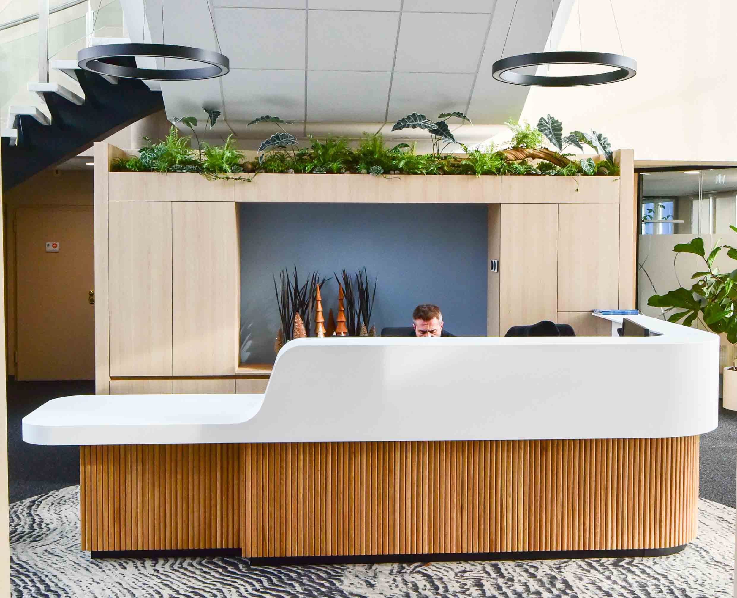 Réception moderne avec plantes décoratives.